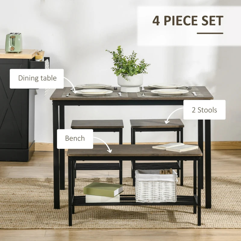 HOMCOM Industrial 4 Piece Dining Room Table Set with Bench Wooden Kitchen Table and Chairs w/ Storage Rack for Kitchen, Dinette, Rustic Brown/Black