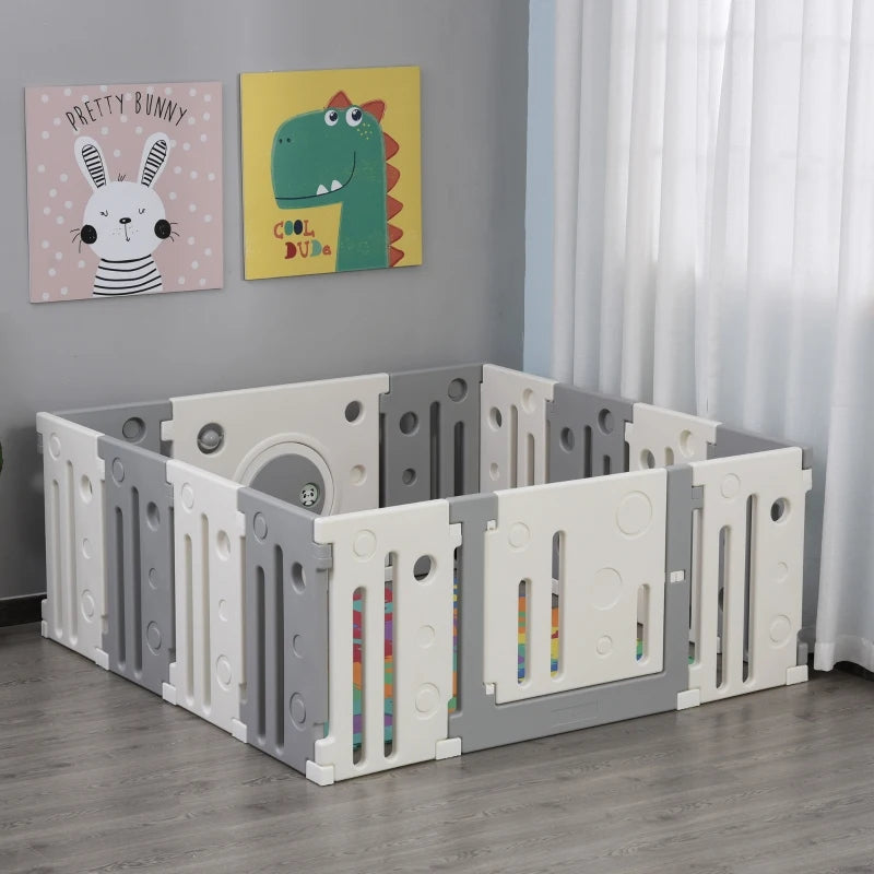 Qaba 14-Piece Children Baby Playpen Kids Activity Center Fence Enclosure with Easy Safety Gate & Built-In Fun Toys - Grey