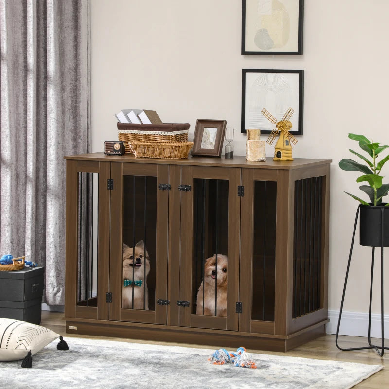 PawHut Large Furniture Style Dog Crate with Removable Panel, End Table with Two Rooms Design and Two Front Doors, Dark Walnut, 47.25" x 23.5" x 34.75"