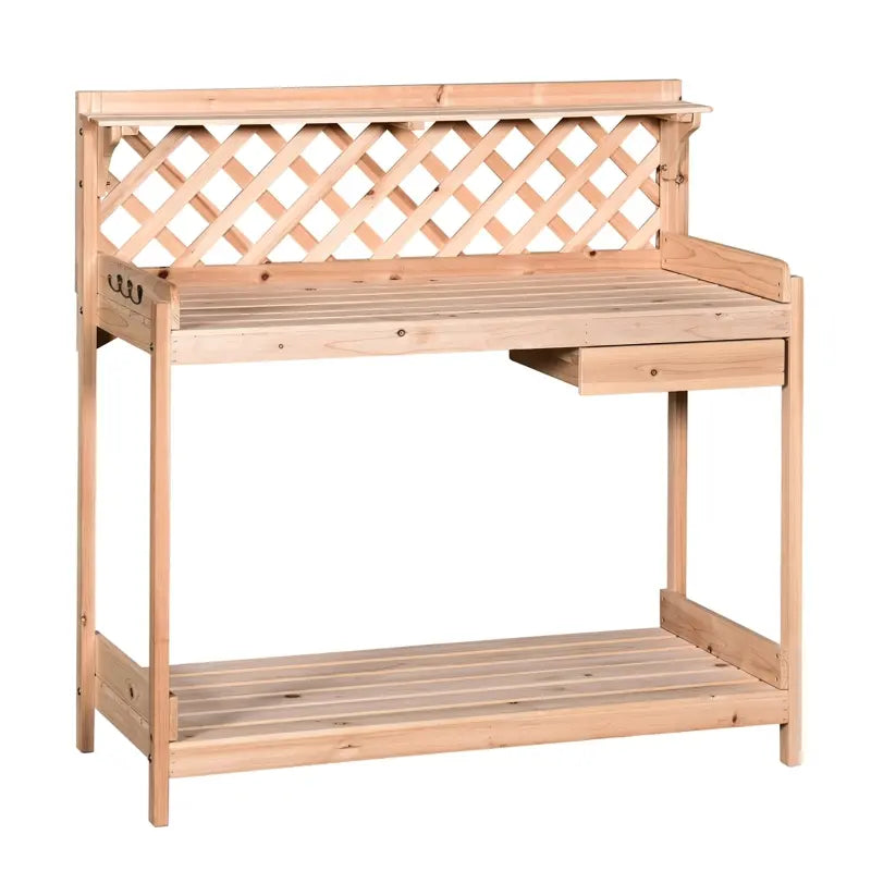Outsunny Folding Potting Bench Table, Metal Garden Workstation, Work Bench with Large Built-in Bag with Cover, 5 Hanging Hooks & Storage Shelf, Leaf Pattern