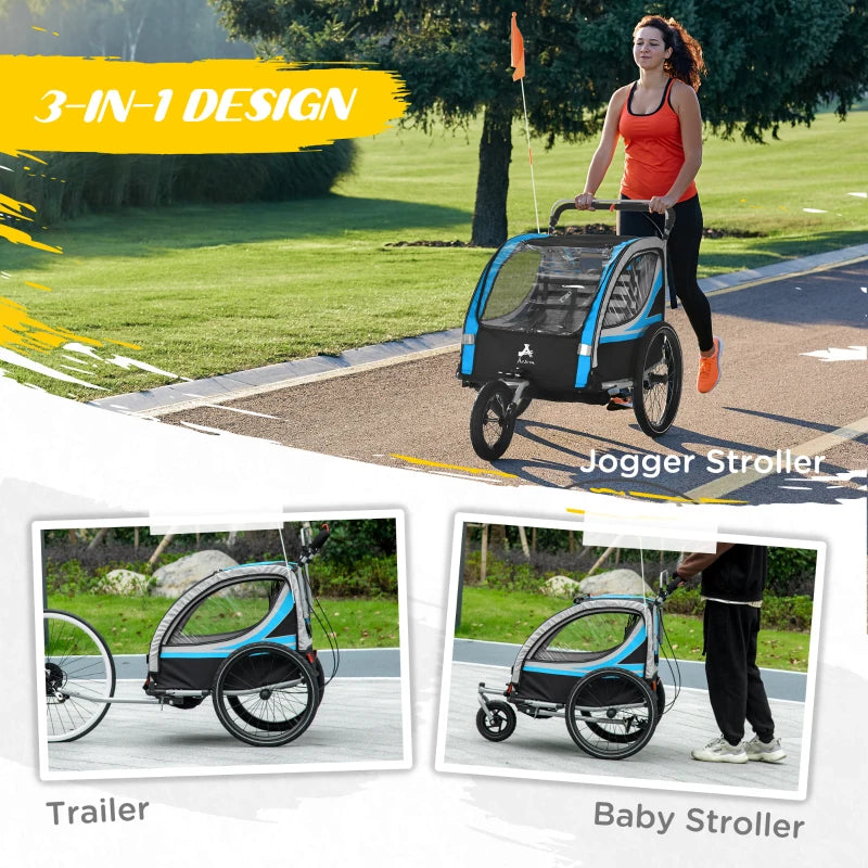 ShopEZ USA 3-in-1 Bike Trailer for Kids, Running Stroller with 2 Seats, Jogging Cart with 5-Point Harness, Storage Units, Blue