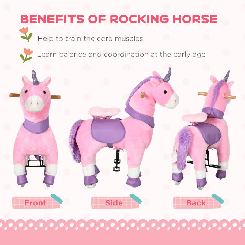 Qaba Ride On Real Walking Unicorn with Sparkly Horn, Soft Plush Ride On Rocking Horse Bearing 176lbs, Imaginative Interactive Toy for Kids, Unicorn Gifts