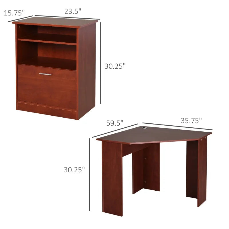 HOMCOM Computer Desk with Printer Cabinet, L-Shaped Corner Desk with Storage, Study PC Workstation for Home Office, Cherry