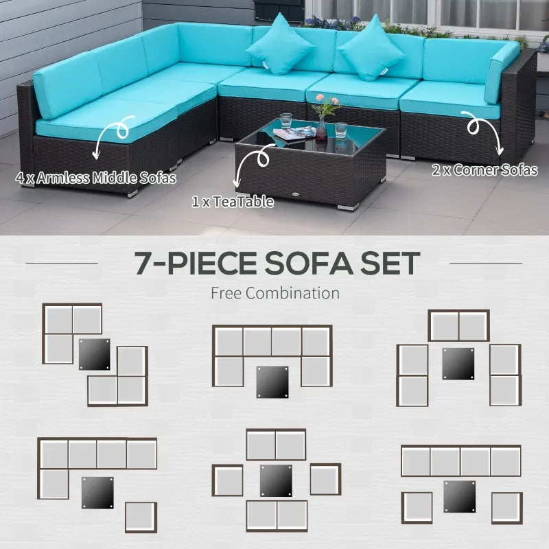 Outsunny 7 Piece Outdoor Patio Furniture Set, PE Rattan Wicker Sectional Sofa Set with Couch Cushions, Throw Pillows and Coffee Table, Turquoise