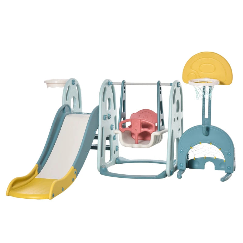 Qaba Multi-Activity Extra Safe Baby Slide and Swing Set for Toddlers with Basketball Hoop, 5-in-1 Toddler Playset Backyard Toy