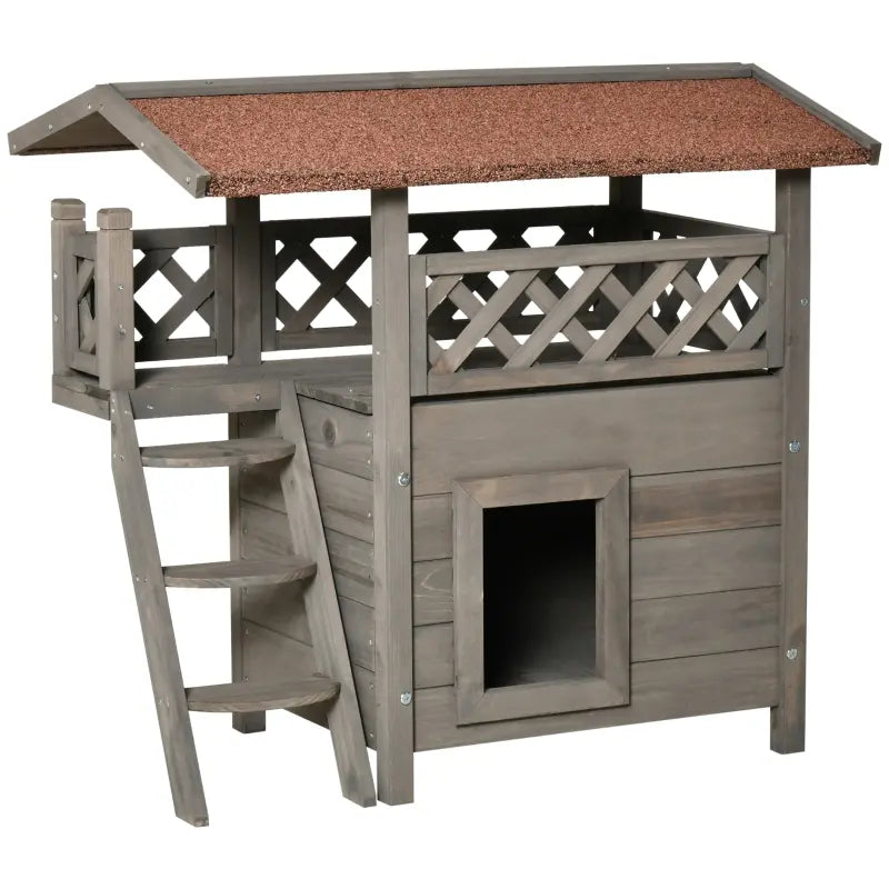 PawHut Outdoor Cat House, 2-Story Shelter, Wooden Kitten Condo with Asphalt Roof, Stairs, Balcony, 30" x 20" x 29", Natural
