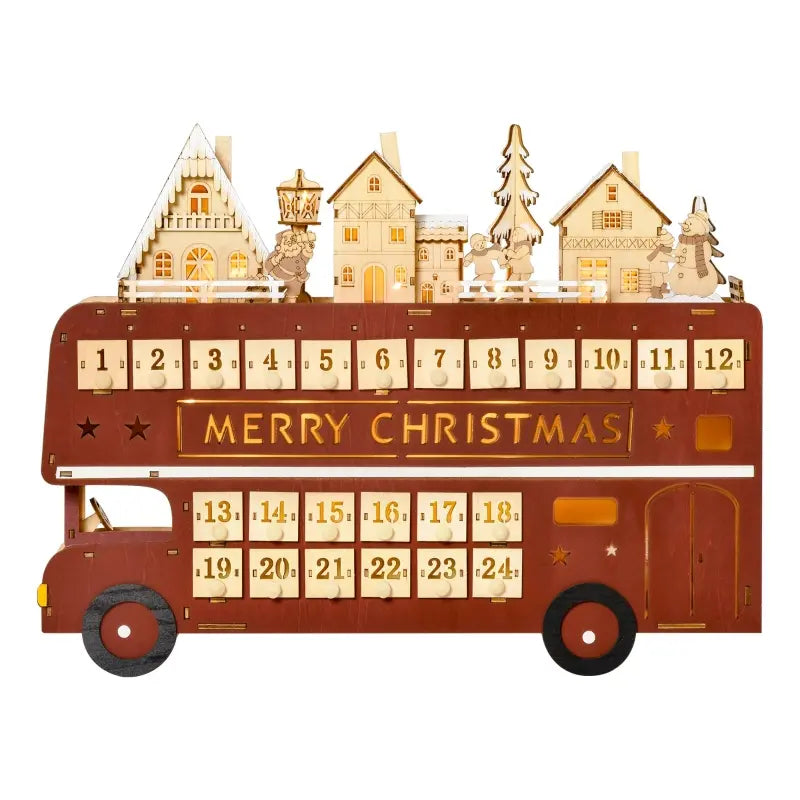 HOMCOM Christmas Advent Calendar, Light Up Wooden Bus Decoration w/ Village & Drawers