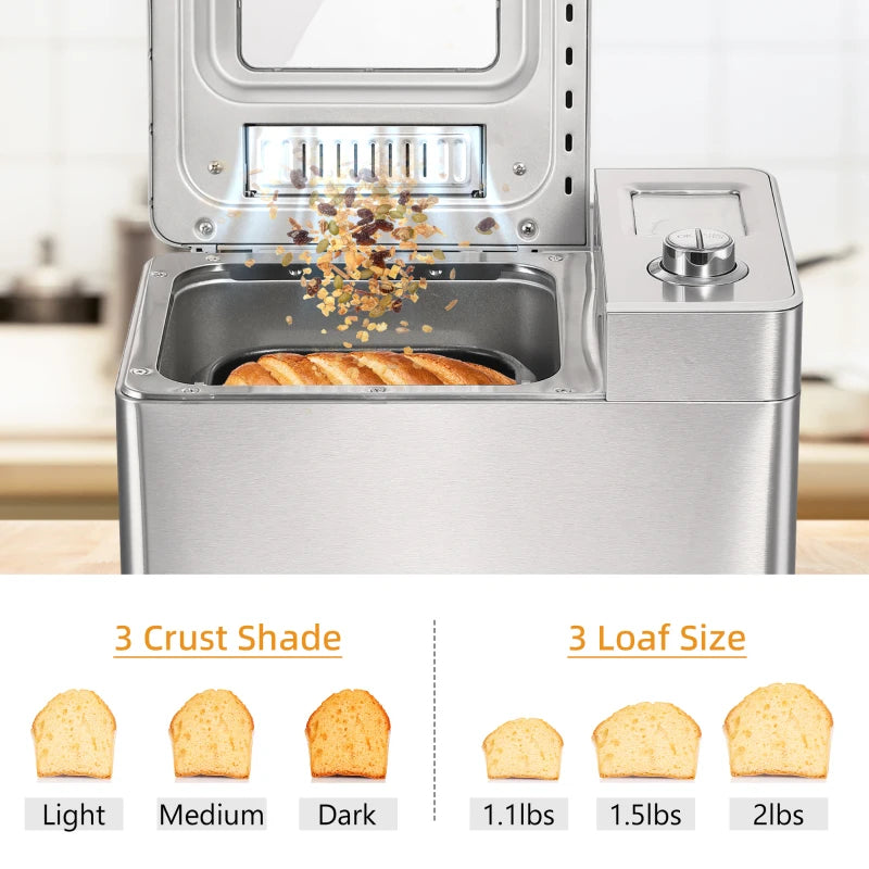 HOMCOM 2LB Bread Maker, Stainless Steel Bread Machine with 25 Programmable Settings, 3 Shade Crust Options, LCD Display, Gluten Free, Silver