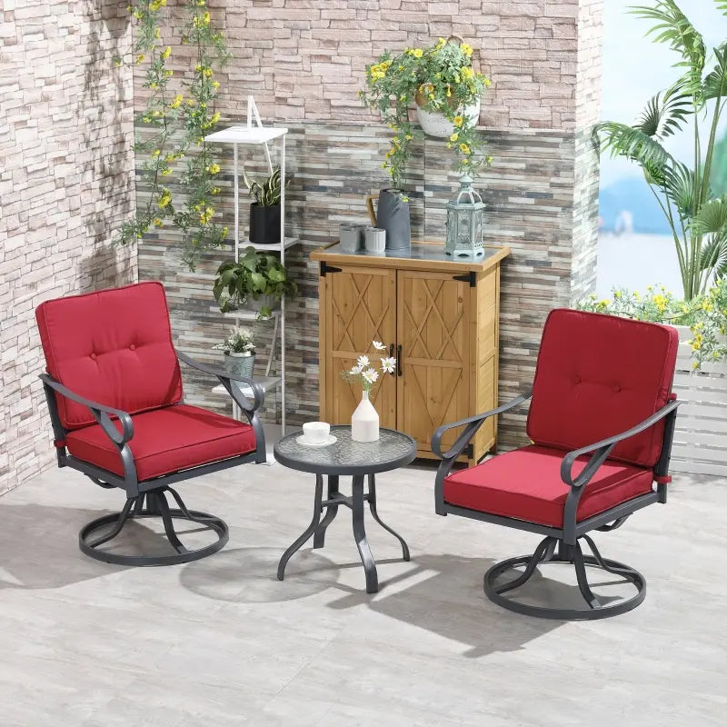 Outsunny 3 Pieces Outdoor Bistro Set, 2 Swivel Rocker Chairs and 1 Round Tempered Glass Table with Cushion, Red