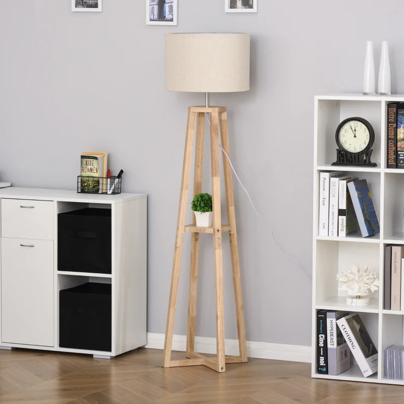 HOMCOM Floor Lamp with Shelf Height Adjustable Standing Lamp E26 Solid Wood Tripod