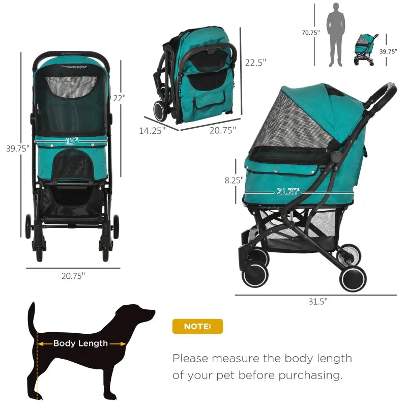 PawHut Dog Stroller with Adjustable Canopy Safety Leashes Storage Bag, Blue & Black