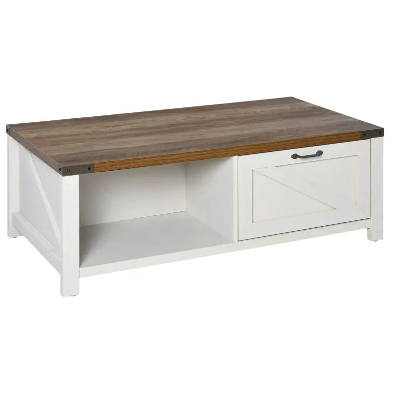 HOMCOM Farmhouse Coffee Table with Drawer and Storage Open Shelf for Living Room, White Oak