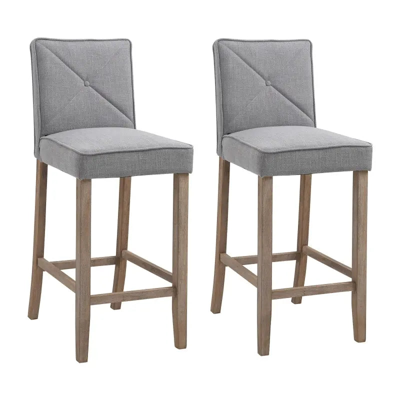 HOMCOM Modern Bar Stools Set of 2, Upholstered Barstools Kitchen Island Chair with Build-In Footrest, Solid Wood Legs, Grey