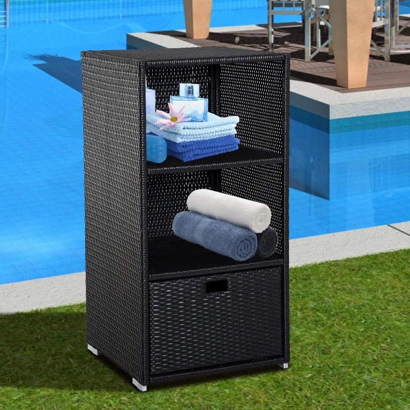 Outsunny Outdoor Deck Box & Waterproof Shoe Storage, PE Rattan Wicker Towel Rack with Liner for Indoor, Outdoor, Patio Furniture Cushions, Pool, Toys, Garden Tools, Brown