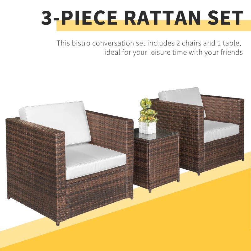 Outsunny 3 Piece Wicker Bistro Patio Set for 2, PE Rattan Porch Chairs Conversation Set with Cushions, Glass Top Table, Garden for Backyard, Garden, Pool, White