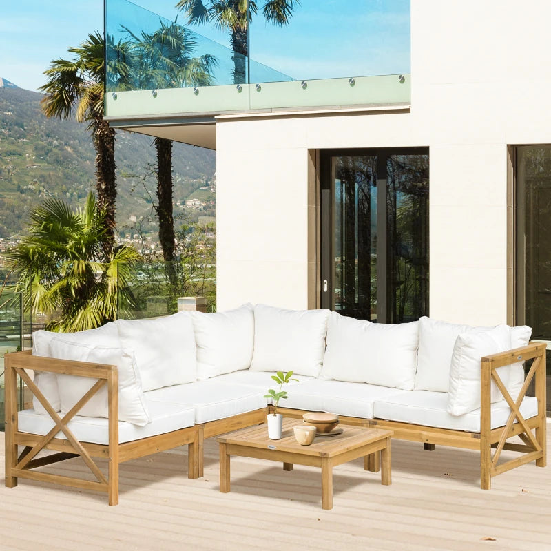Outsunny 6 Piece Wood Patio Furniture Set, Outdoor Sectional Sofa with Cushions and Coffee Table, Acacia Wood Conversation Set Couch, Cream White