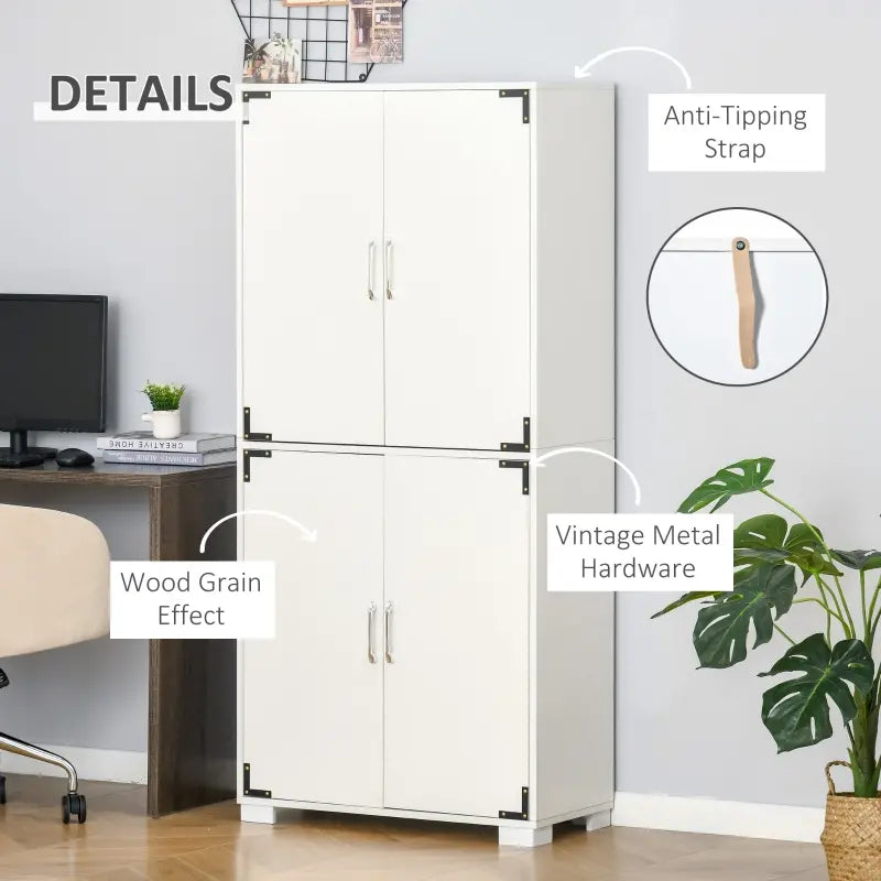 HOMCOM Industrial Style 4-Door Cabinet Pantry Cupboard with Storage Shelves for Bedroom and Living Room, White