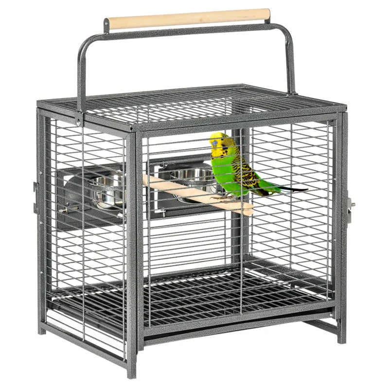 PawHut 19" Travel Bird Cage Parrot Carrier with Handle Wooden Perch for Cockatiels, Conures, White