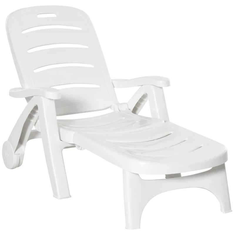 Outsunny Outdoor Folding Sun Lounger Recliner on Wheels w/ 5-Position Backrest, White