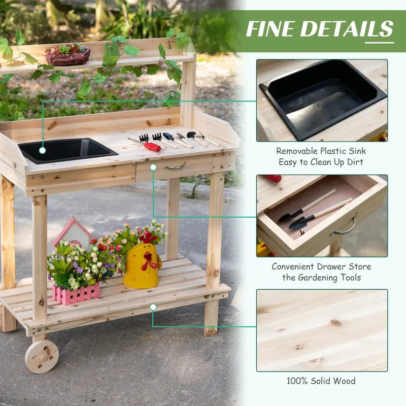 Outsunny Outdoor Potting Bench with Sliding Tabletop, Storage Shelf and Dry Sink, 2-Level Gardening Table, Wooden Workstation for Greenhouse, Garden, Patio, Brown