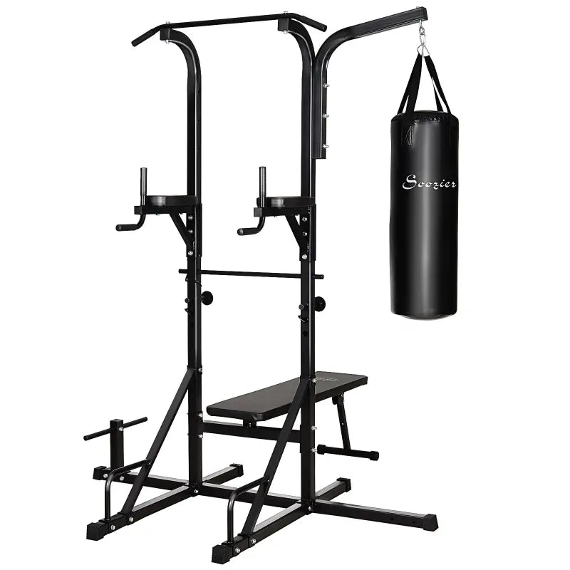Soozier Heavy-Duty Power Tower Dip Station Pull Up Bar with Foldable Workout Bench and Punching Bag, Multi-Functional Adjustable Strength Training Equipment Power Rack Fitness Equipment for Home Gym
