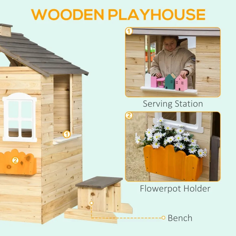 Outsunny Kids Outdoor Wooden Playhouse, w/ Door Windows Flower Pot Holder, Brown