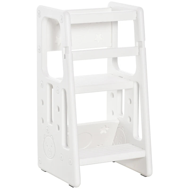 Qaba Toddler Tower with Adjustable Height, Toddler Kitchen Stool Helper with Anti-slip Mat, Step Stool for Kitchen, Bathroom, White