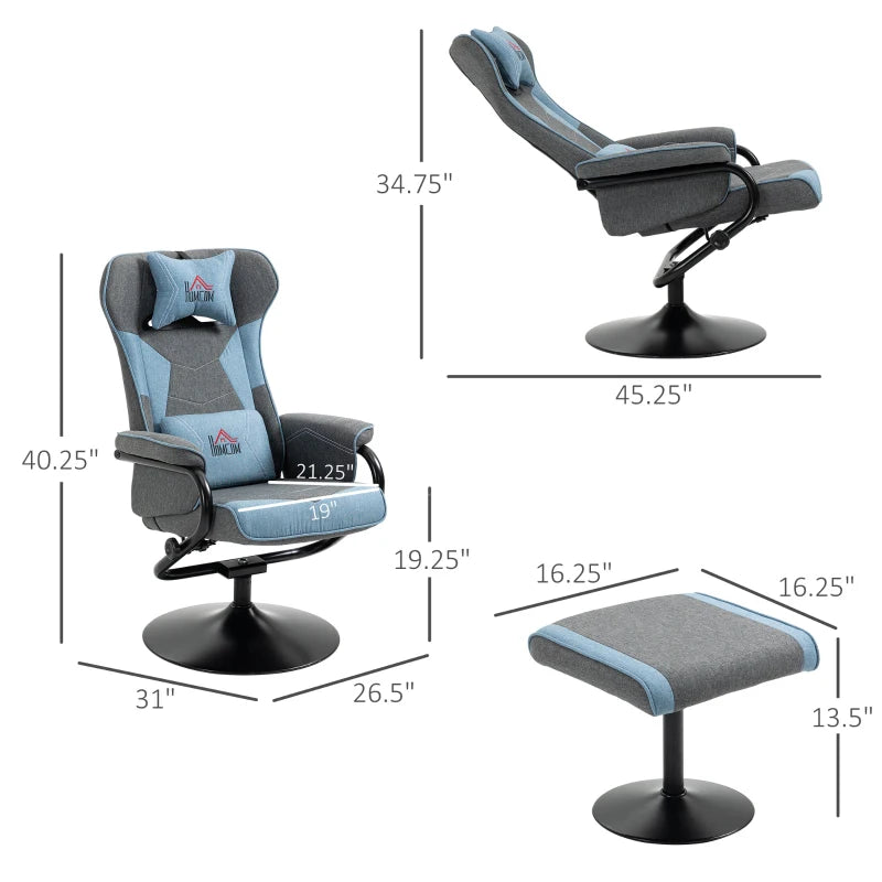 HOMCOM Recliner Chair with Ottoman, Velvet Upholstered Video Gaming Chair, Racing Styled Swivel Recliner with Footrest, Headrest and Lumbar Support, Grey and Black
