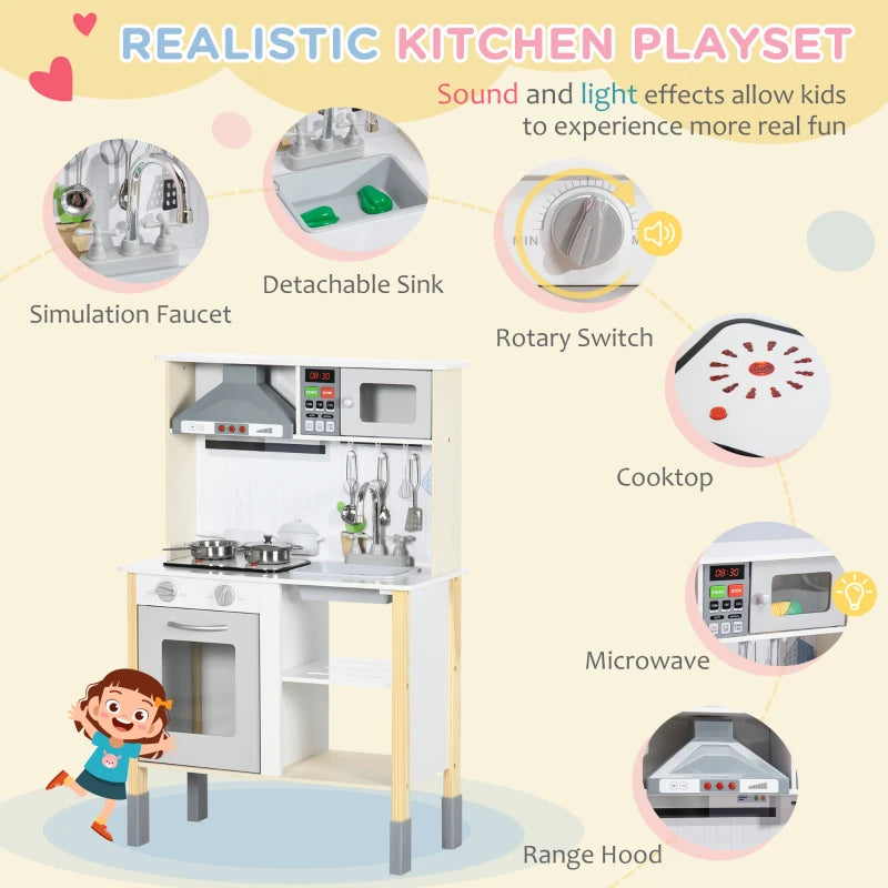 Qaba Wooden Play Kitchen with Lights, Sounds, Corner Kids Kitchen Playset with Play Phone, Ice Maker, Microwave, Range Hood, Refrigerator, Utensils, Gift for Ages 3-6, White