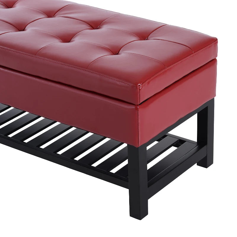 HOMCOM 44" Tufted Faux Leather Ottoman Storage Bench with Shoe Rack- Crimson Red