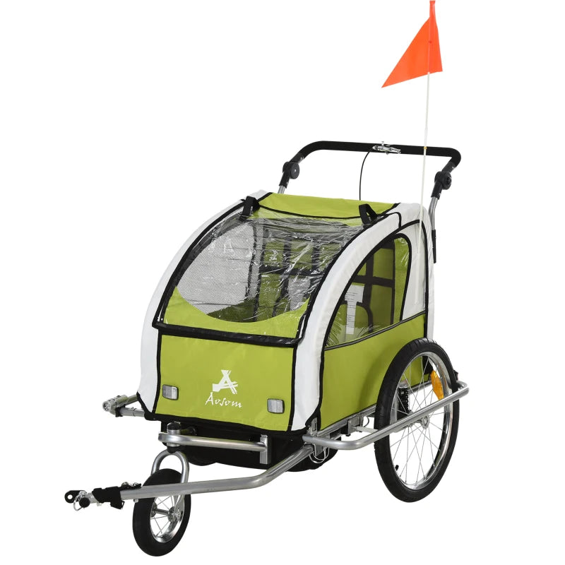 ShopEZ USA Elite 360 Swivel Bike Trailer for Kids Double Child Two-Wheel Bicycle Cargo Trailer With 2 Security Harnesses, Green