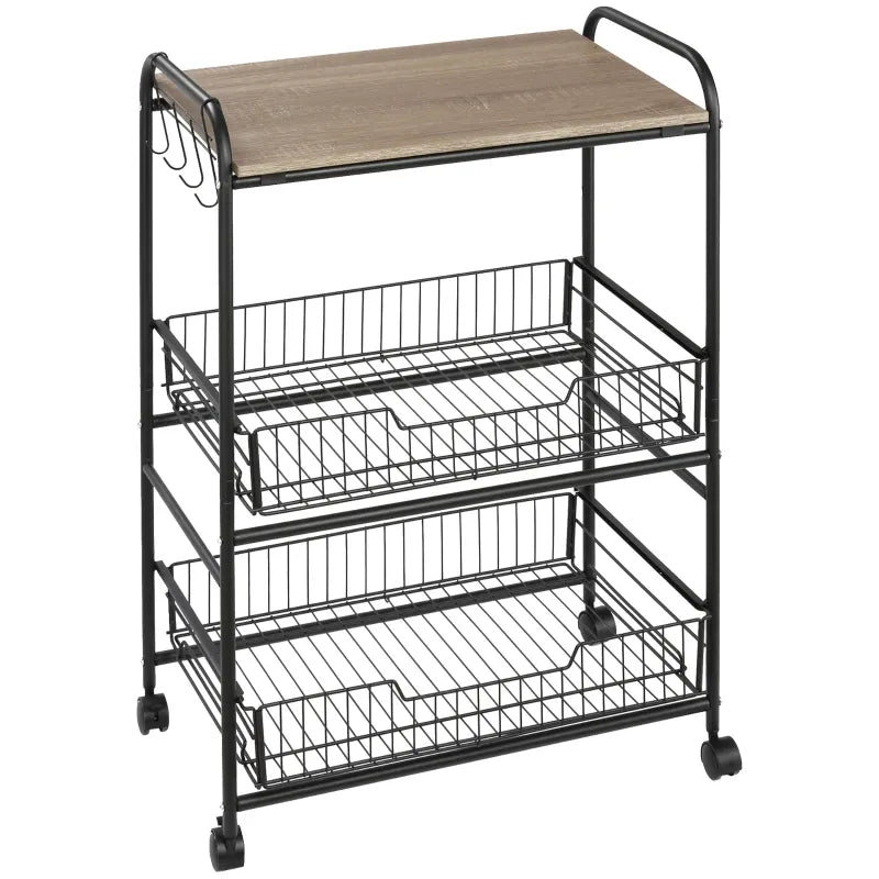 HOMCOM Kitchen Cart with Storage, 16"W Slim Rolling Cart, 4 Tier Kitchen Shelves on Wheels with Side Racks, 2 Basket for Fruit Vegetable, Utility Cart for Narrow Space, Laundry, Rustic Brown