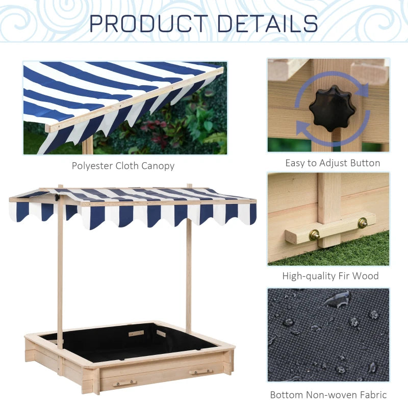 Outsunny Kids Wooden Sandbox, w/ Adjustable Canopy, Seats, Plastic Basins, for Backyard