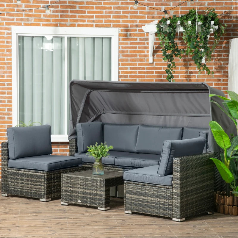 Outsunny 4 Piece Patio Furniture Set with Outdoor Sofa & 2 Chairs, Retractable Canopy, Soft Seat Cushions, Coffee Table, PE Rattan Wicker for Backyard, Porch, Balcony, Gray
