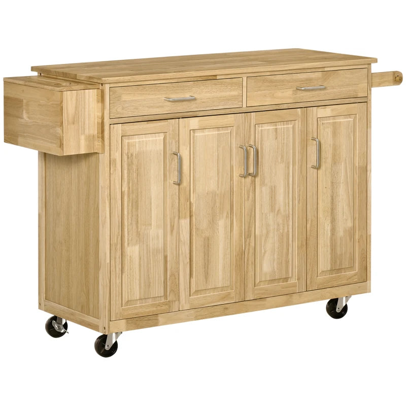 HOMCOM Rolling Kitchen Island on Wheels Ultility Cart with Drop-Leaf and Rubber Wood Countertop, Storage Drawer, Door Cabinet, Grey