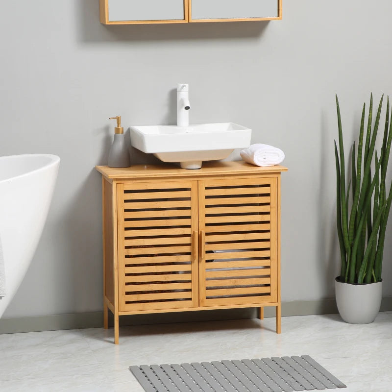 kleankin Freestanding Bathroom Sink Cabinet, Bamboo Under Sink Cabinet Cupboard Organizer with 2 Slatted Doors, Natural