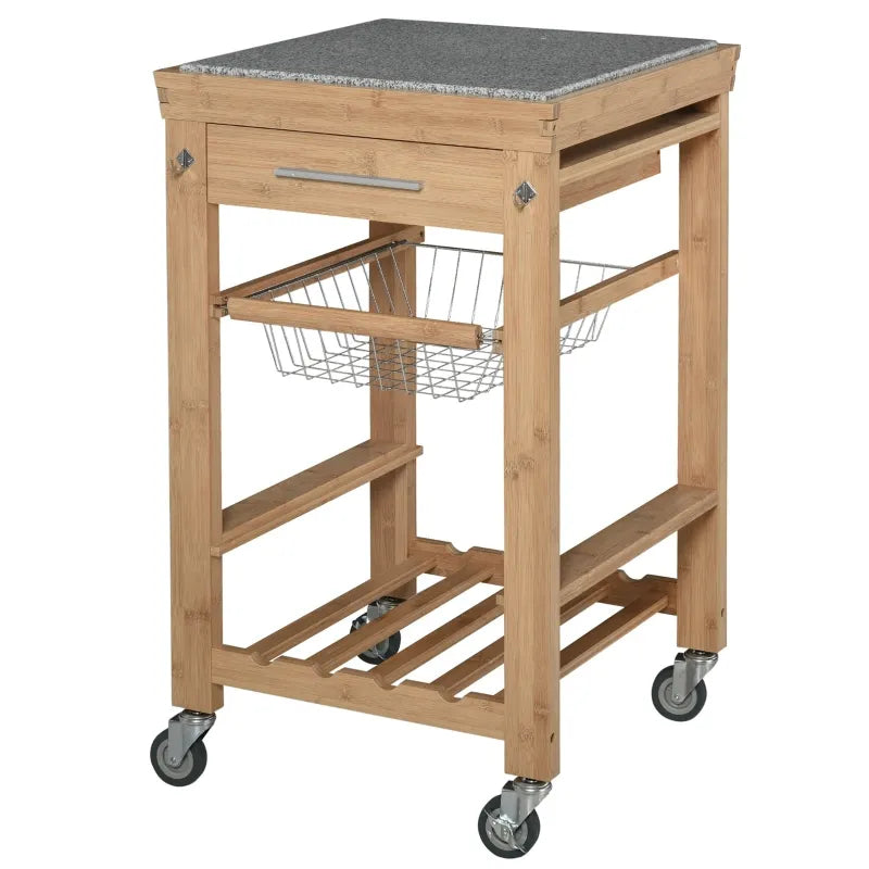 HOMCOM Bamboo Kitchen Island Cart on Wheels, Utility Trolley Cart with 2 Storage Drawers and Open Shelves, Natural