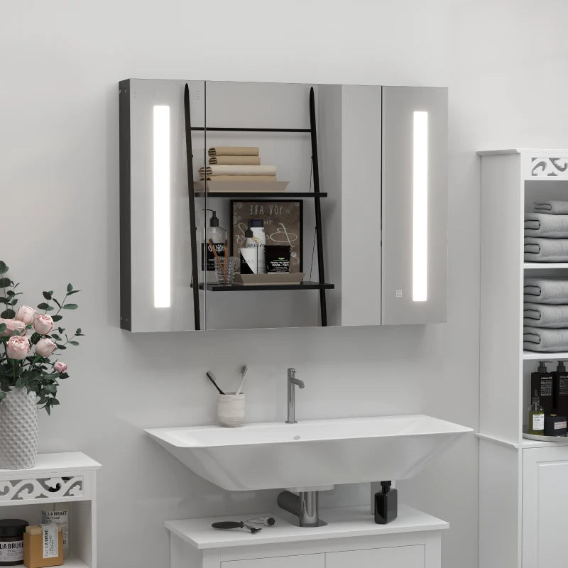 kleankin LED Medicine Cabinet, 35.5 x 29.5" Wall-Mounted Bathroom Vanity Mirror Organizer with Dimmer Touch Switch, Three Doors, and USB Charged, White