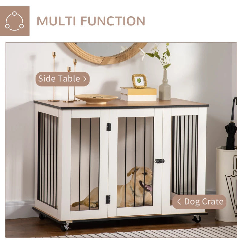 PawHut Large Furniture Style Dog Crate with Removable Panel, End Table with Two Rooms Design and Two Front Doors, Rustic Brown, 47.25" x 23.5" x 34.75"