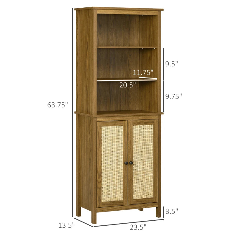 HOMCOM Rustic Bookshelf with Cabinet & Rattan, Tall Bookshelf Library, Wooden Bookcase with Doors and Shelves, Study Living Room Home Office, Walnut