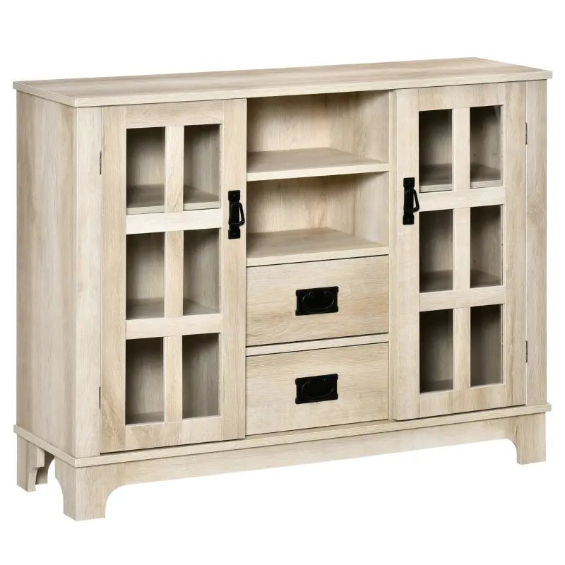HOMCOM Sideboard Buffet Cabinet, Glass Door Kitchen Cabinet, Coffee Bar Cabinet with Storage Drawers & Adjustable Shelves for Living Room, White Oak