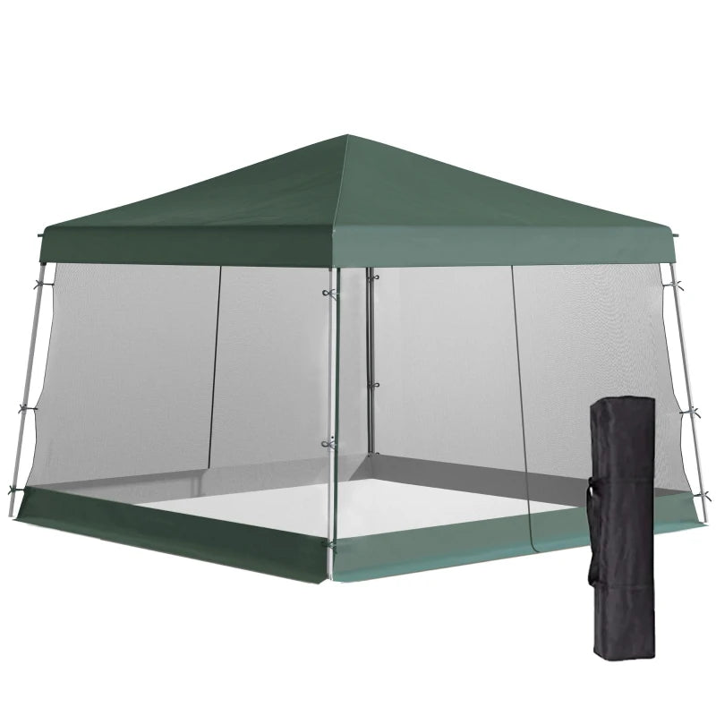 Outsunny Slant Leg Pop Up Canopy Tent with Netting and Carry Bag, Instant Sun Shelter, Tents for Parties, Height Adjustable, for Outdoor, Garden, Patio, (11.5'x11.5' Base / 10'x10' Top), Green