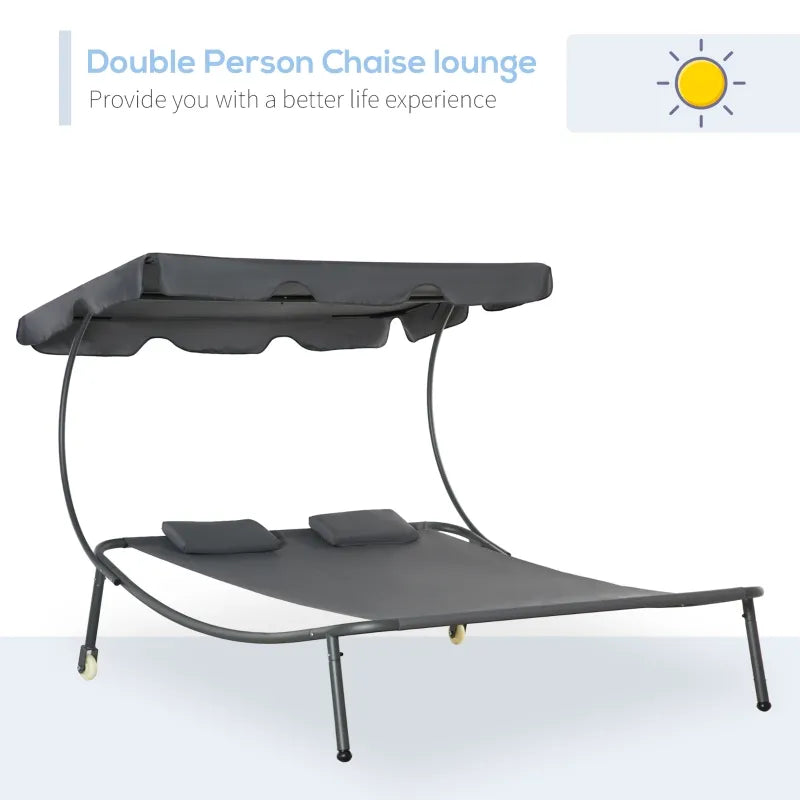Outsunny Patio Double Chaise Lounge Chair, Outdoor Wheeled Hammock Daybed with Adjustable Canopy and Pillow for Sun Room, Garden, or Poolside, Brown
