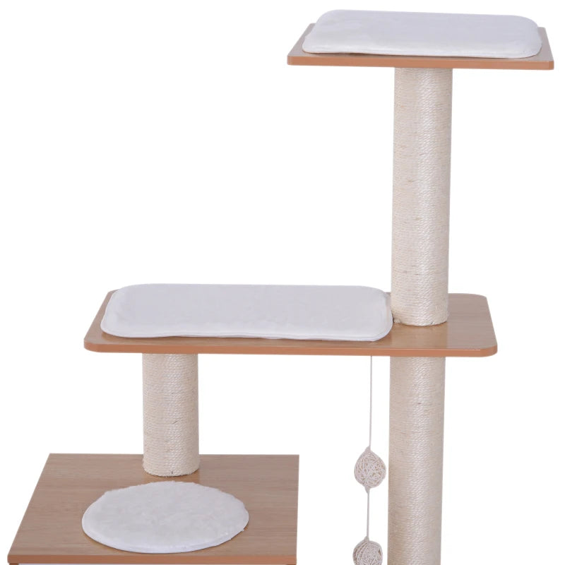 PawHut Cat Tree for Indoor Cats, Kitty Tower with Scratching Post, Bed, Tunnel, Toys, 16" x 16" x 48", Light Brown