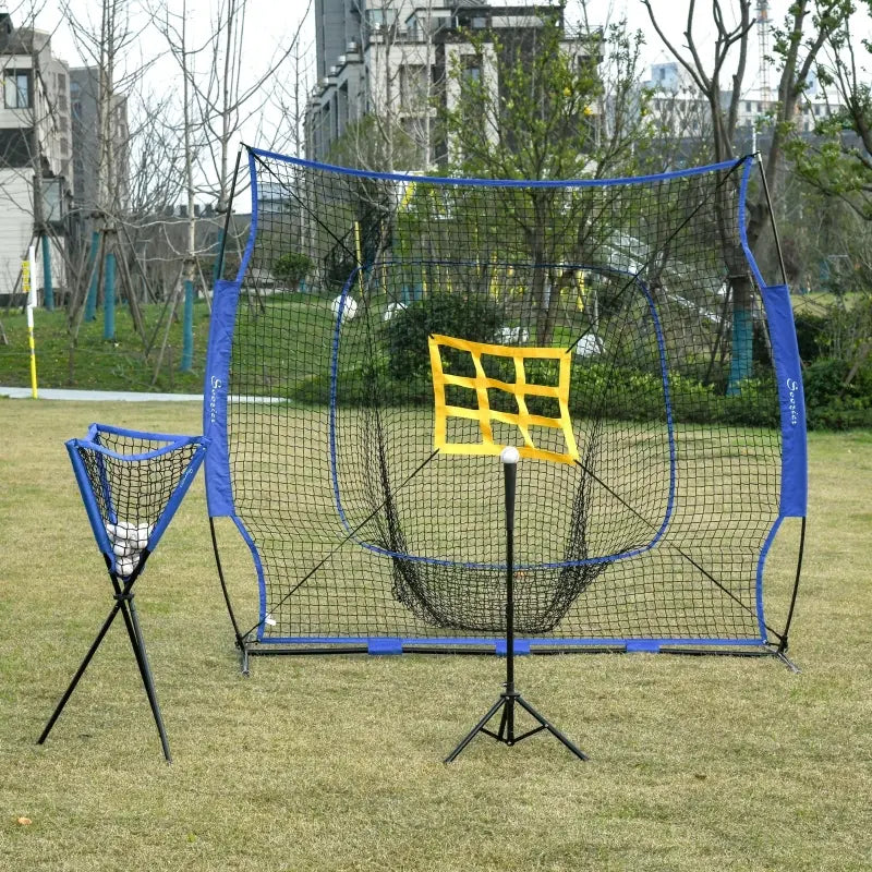 Soozier Baseball Net with Strike Zone, Tee, Caddy and Carry Bag for Pitching and Hitting, Portable Extra Large Softball and Baseball Training Equipment