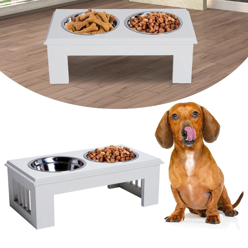 PawHut 17" Durable Wooden Dog Feeding Station with 2 Included Food Bowls & a Non-Slip Base - White