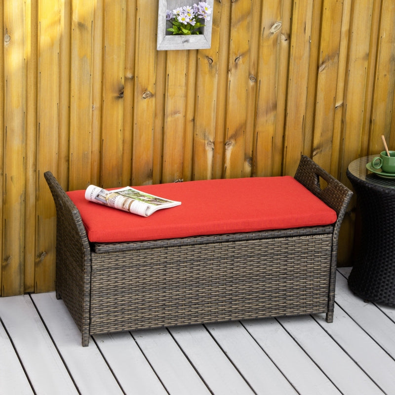 Outsunny 27 Gallon Patio Wicker Storage Bench, Outdoor PE Rattan Patio Furniture, 2-In-1 Large Capacity Rectangle Basket Box with Handles & Cushion, Cream White