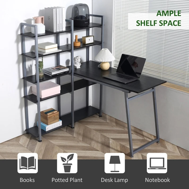 HOMCOM 5 Tier Versatile L-Shaped Computer Desk, Writing Table with Display Shelves and Metal Frame, Space-Saving for Study, Home Office, Black