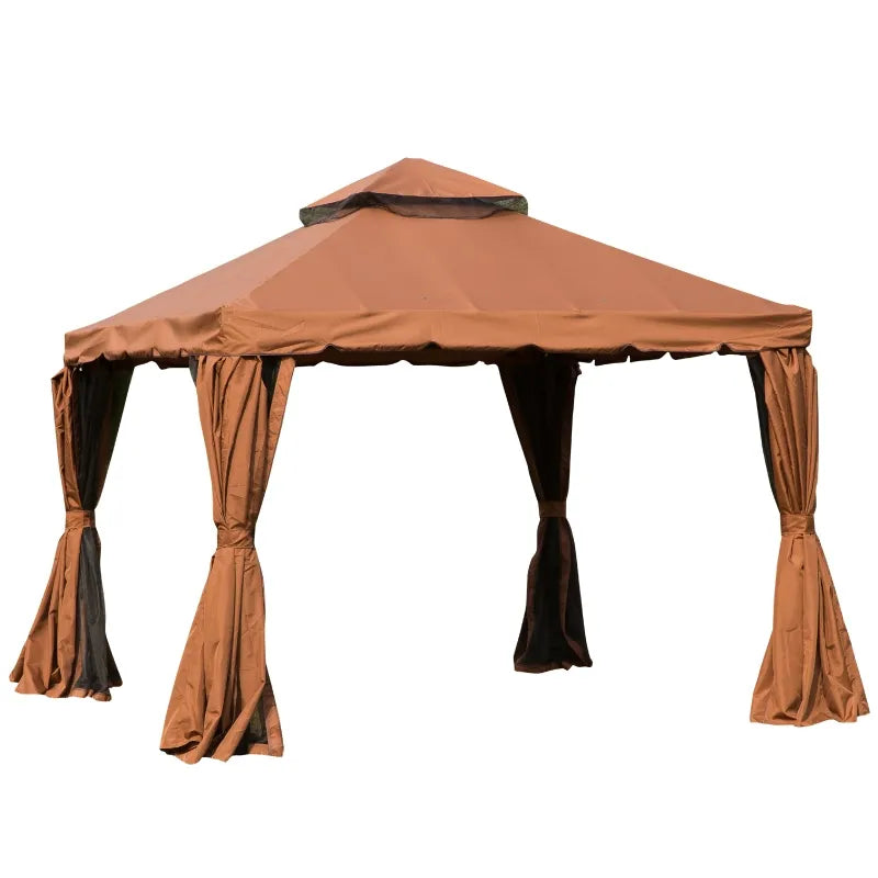 Outsunny 10' x 10' Patio Gazebo, Outdoor Gazebo Canopy Shelter with Double Vented Roof, Netting and Curtains, for Garden, Lawn, Backyard and Deck, Brown