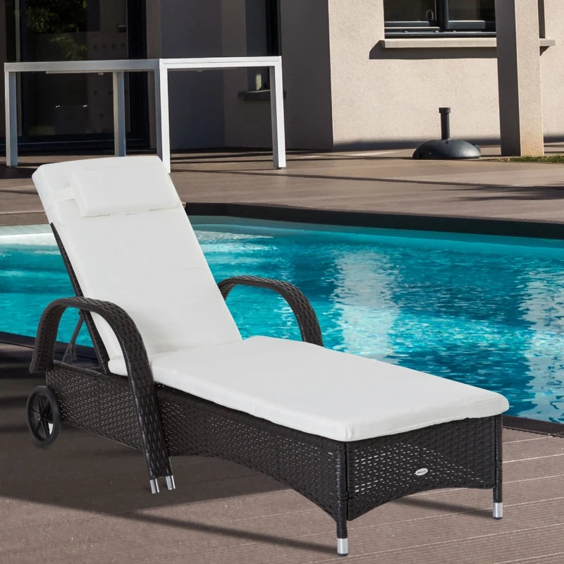 Outsunny Reclining Chaise Lounge Chair, Thickly Cushioned, Headrest, Armrests, Rolling Outdoor Plastic Rattan Sun Bathing Chair with Wheels for Poolside, Pool, Patio, Mixed Grey